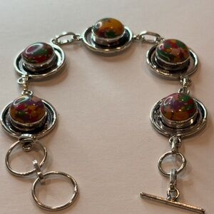 🆕 Colorful Mosaic Jasper Sterling Silver Round Bezel Bracelet 🆕